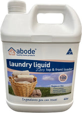 A white plastic jerrycan shaped container labelled  Abode Laundry Liquid (Front & Top Loader) Zero 4L